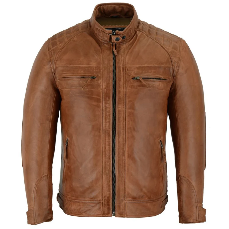 Mens Cafe Racer Waxed Lambskin Austin Brown Motorcycle Leather Jacket