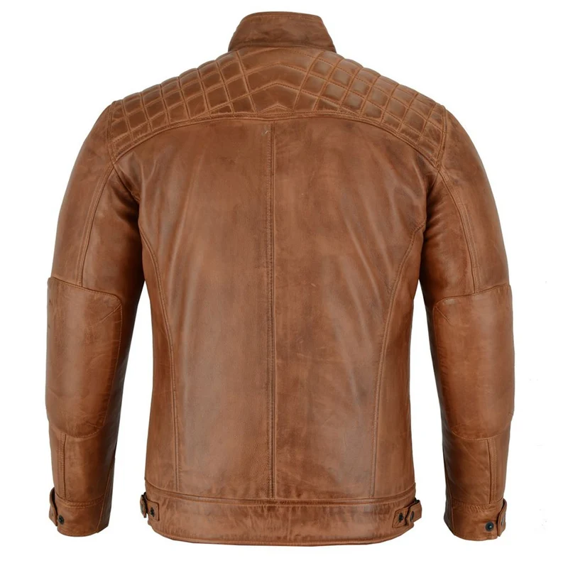 Mens Cafe Racer Waxed Lambskin Austin Brown Motorcycle Leather Jacket