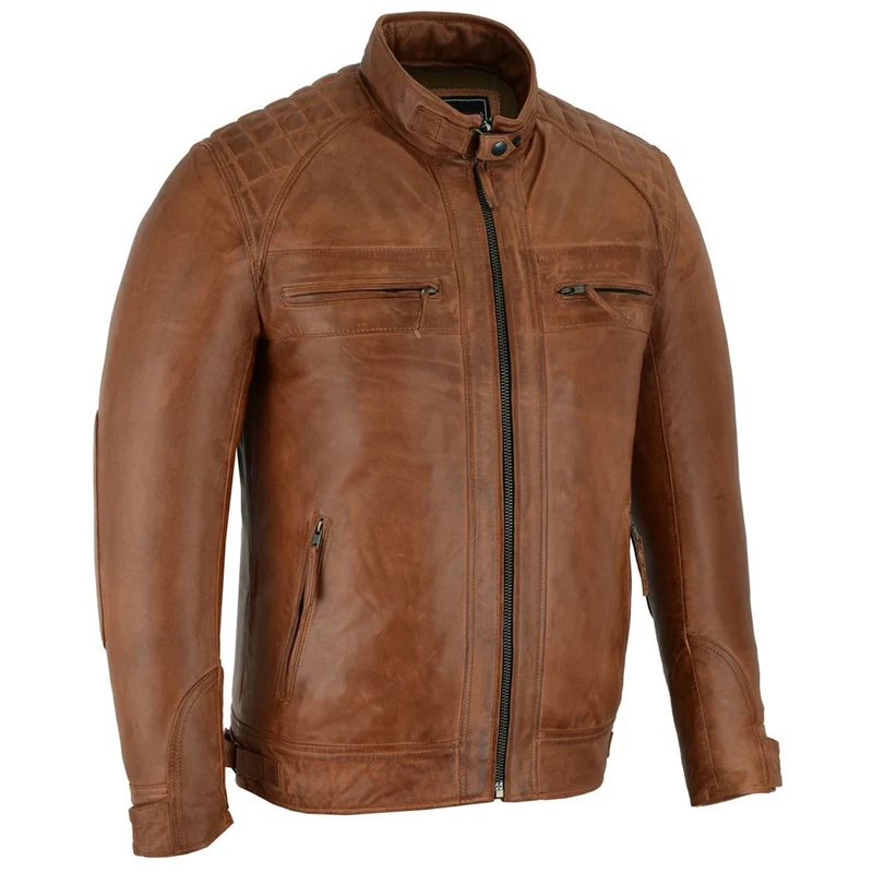 Mens Cafe Racer Waxed Lambskin Austin Brown Motorcycle Leather Jacket