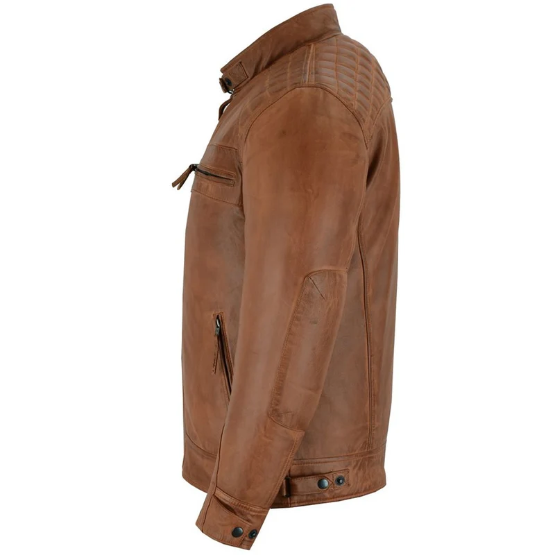 Mens Cafe Racer Waxed Lambskin Austin Brown Motorcycle Leather Jacket