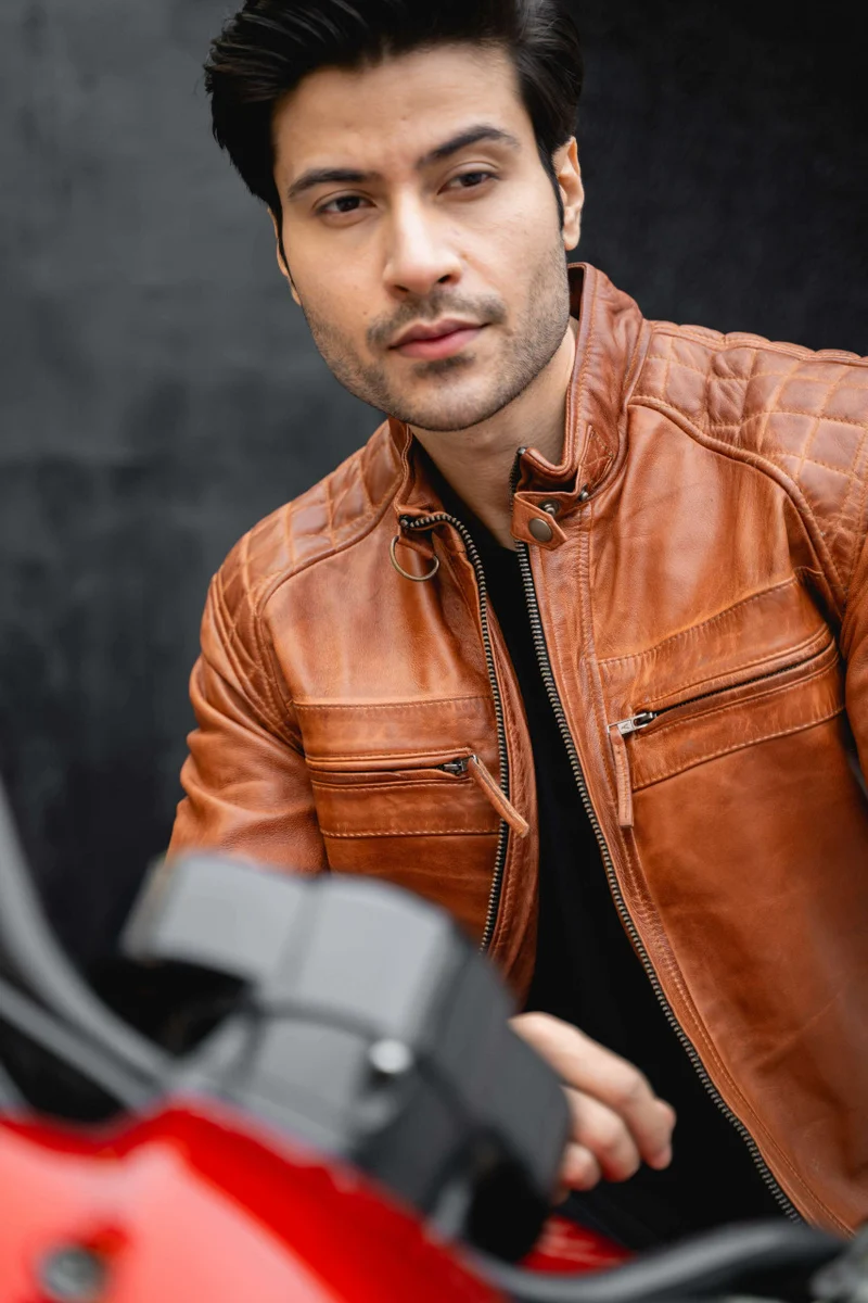 Mens Cafe Racer Waxed Lambskin Austin Brown Motorcycle Leather Jacket
