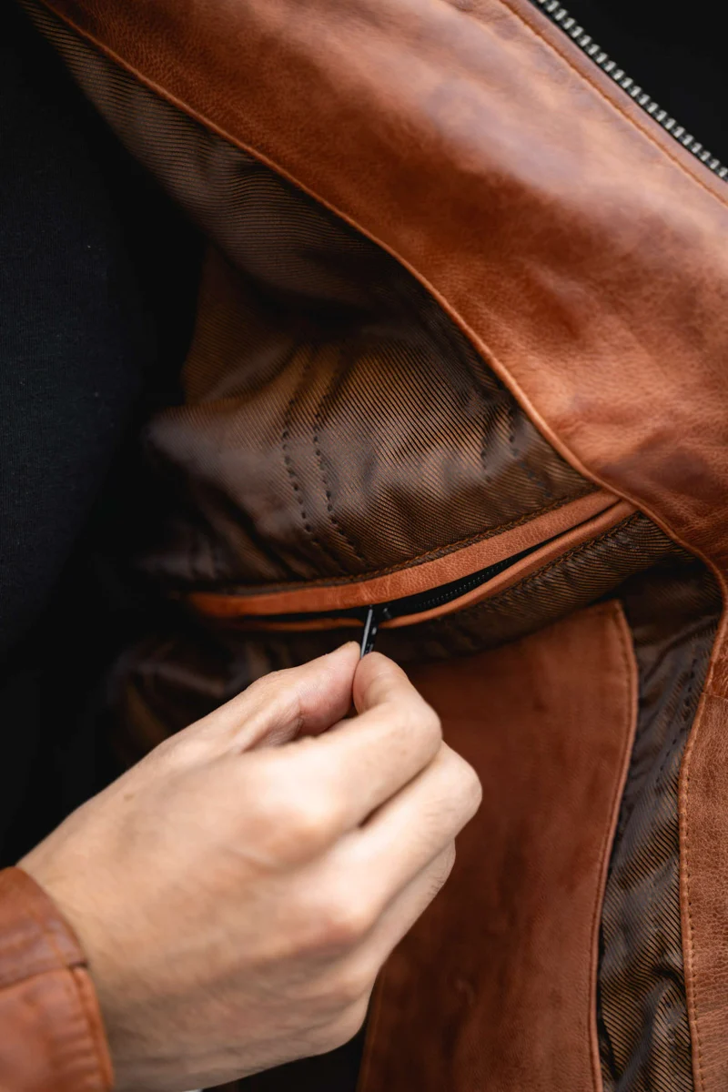 Mens Cafe Racer Waxed Lambskin Austin Brown Motorcycle Leather Jacket