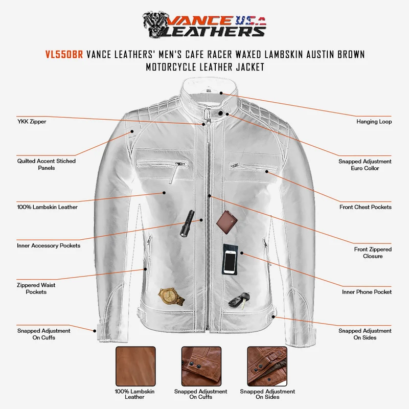 Mens Cafe Racer Waxed Lambskin Austin Brown Motorcycle Leather Jacket