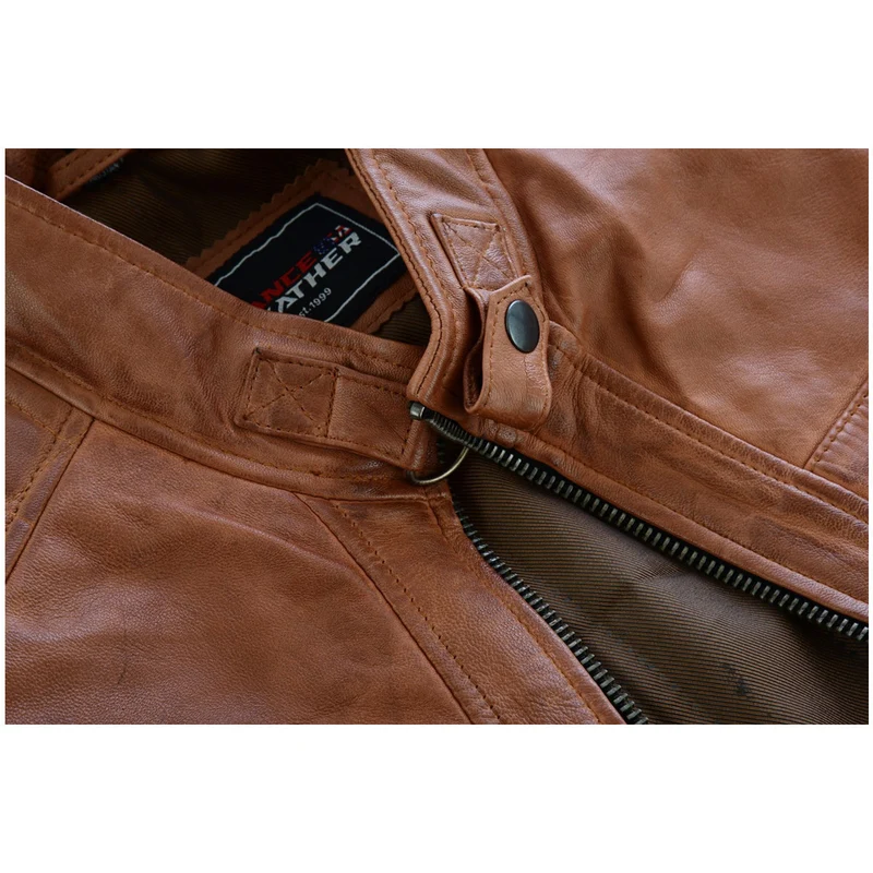 Mens Cafe Racer Waxed Lambskin Austin Brown Motorcycle Leather Jacket