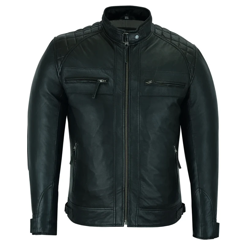 Mens Cafe Racer Gatsby Black Waxed Lambskin Motorcycle Leather Jacket | Team motorcycle