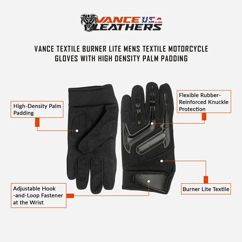 Vance Textile Burner Lite Mens Textile Motorcycle Gloves with High Density Palm Padding