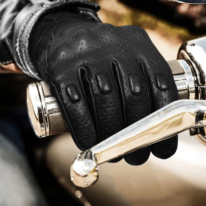 Vance Mens Premium Leather Perforated Cruiser Gloves with Knuckle Protection - Touchscreen Motorcycle Gloves