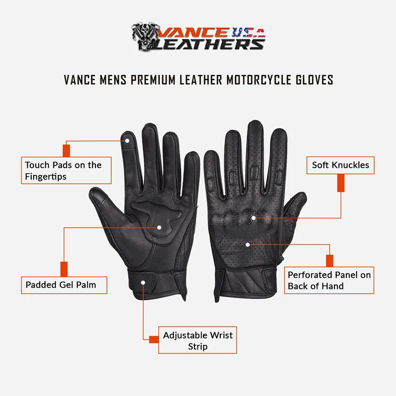 Vance Mens Premium Leather Perforated Cruiser Gloves with Knuckle Protection - Touchscreen Motorcycle Gloves