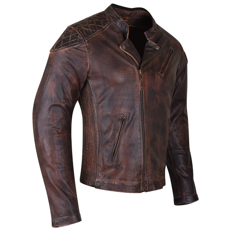 Mens Vintage Brown Premium Cowhide Diamond Quilted Shoulder Leather Biker Motorcycle Riding Jacket