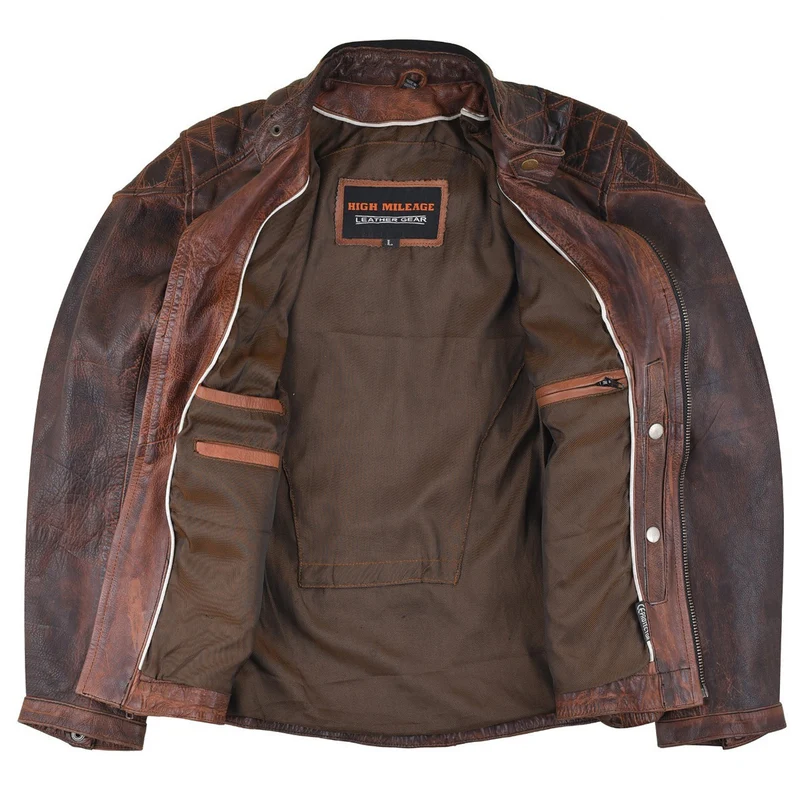 Mens Vintage Brown Premium Cowhide Diamond Quilted Shoulder Leather Biker Motorcycle Riding Jacket