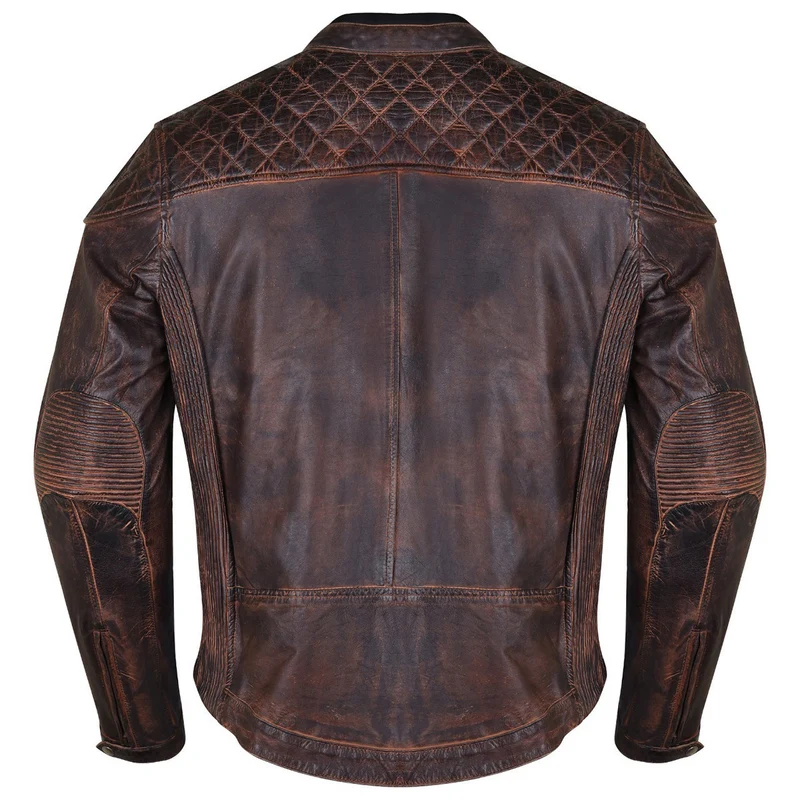 Mens Vintage Brown Premium Cowhide Diamond Quilted Shoulder Leather Biker Motorcycle Riding Jacket