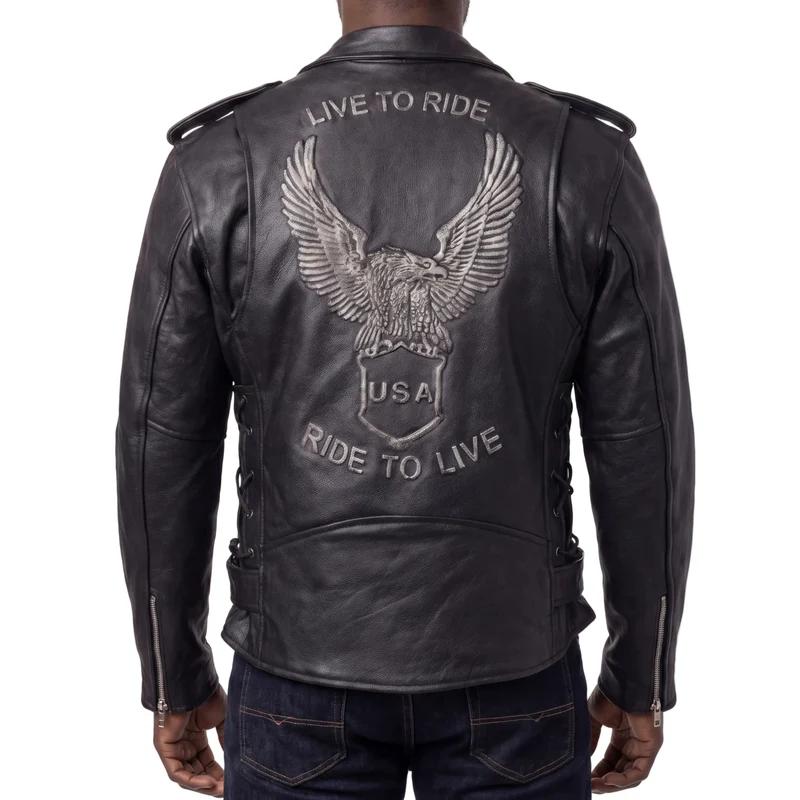 Mens Eagle Embossed Live To Ride - Ride To Live Classic Black Leather Motorcycle Jacket