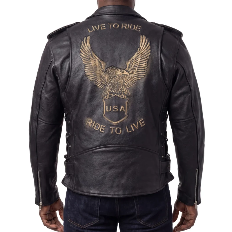 Mens Eagle Embossed Live To Ride - Ride To Live Classic Black Leather Motorcycle Jacket