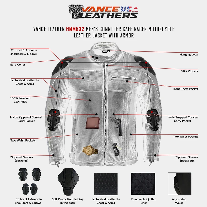 High Mileage Mens Premium Commuter Cafe Racer Motorcycle Leather Jacket with Removeable CE Armor