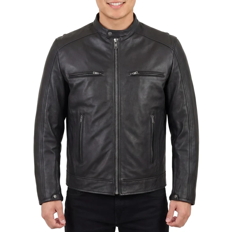 High Mileage Men's Premium Black Leather 'Racer Commuter' Scooter Motorcycle Jacket