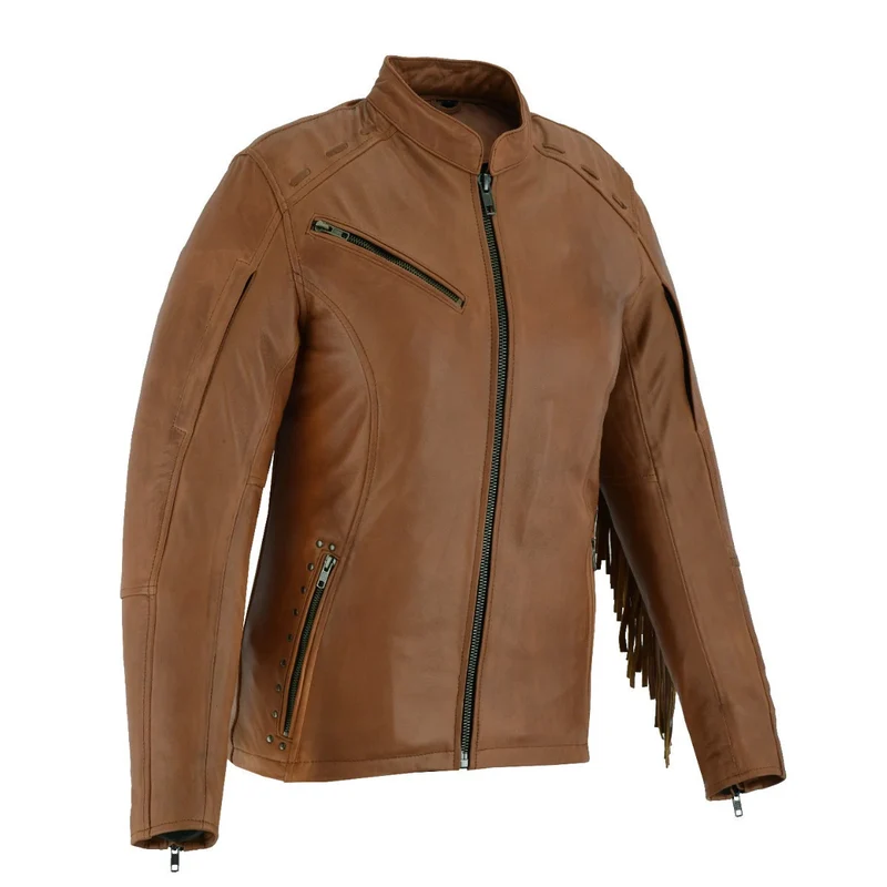 High Mileage "Roxy" Women's Fringe and Rivet Detail Premium Lightweight Brown Leather Lady Biker Motorcycle Fashion Jacket