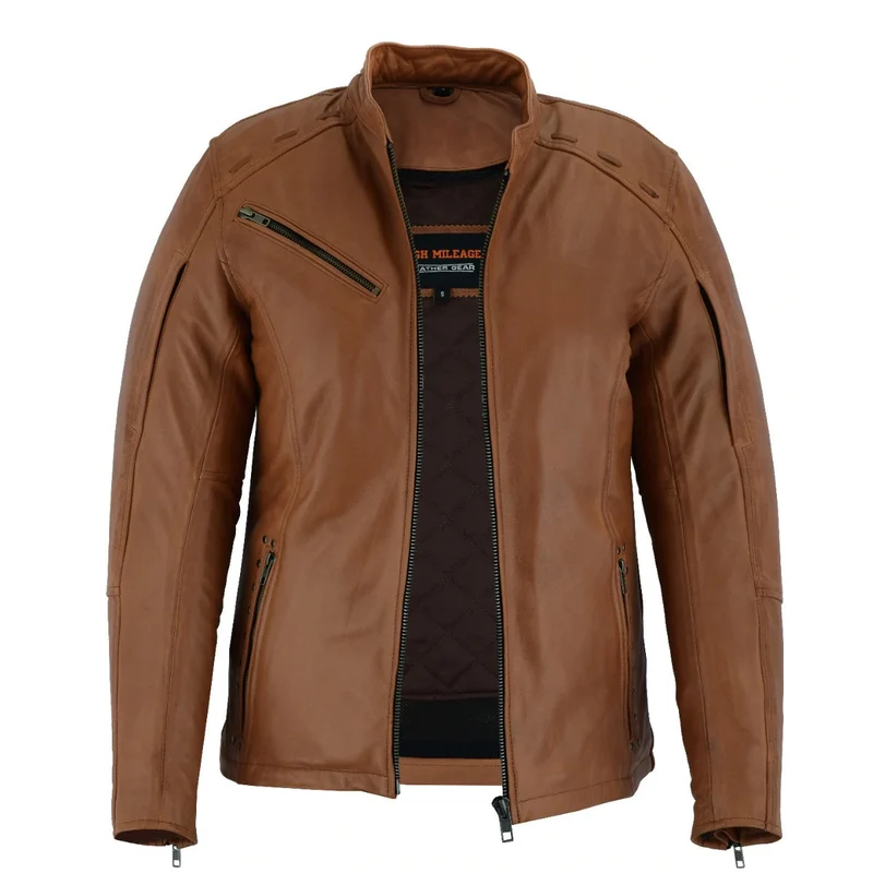 High Mileage "Roxy" Women's Fringe and Rivet Detail Premium Lightweight Brown Leather Lady Biker Motorcycle Fashion Jacket
