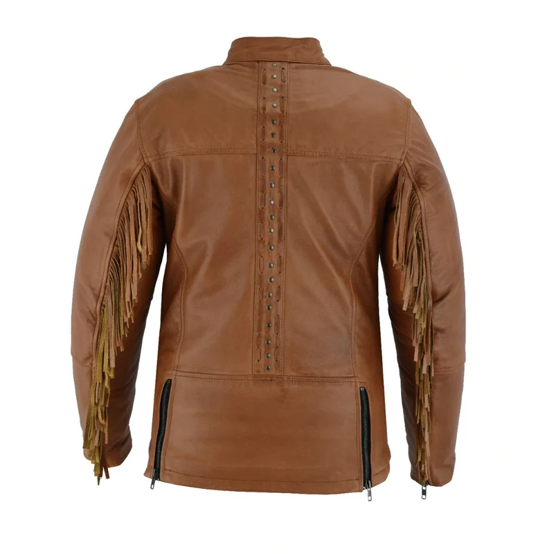 High Mileage "Roxy" Women's Fringe and Rivet Detail Premium Lightweight Brown Leather Lady Biker Motorcycle Fashion Jacket