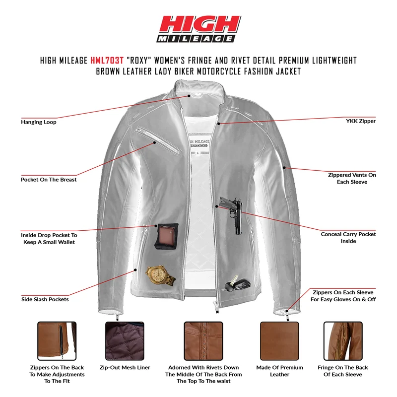 High Mileage "Roxy" Women's Fringe and Rivet Detail Premium Lightweight Brown Leather Lady Biker Motorcycle Fashion Jacket