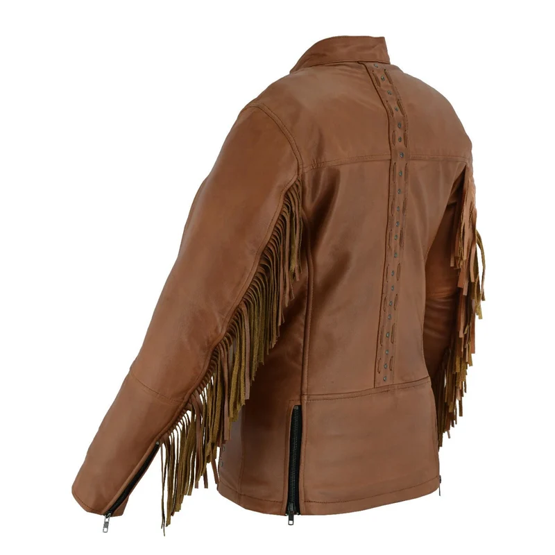 High Mileage "Roxy" Women's Fringe and Rivet Detail Premium Lightweight Brown Leather Lady Biker Motorcycle Fashion Jacket