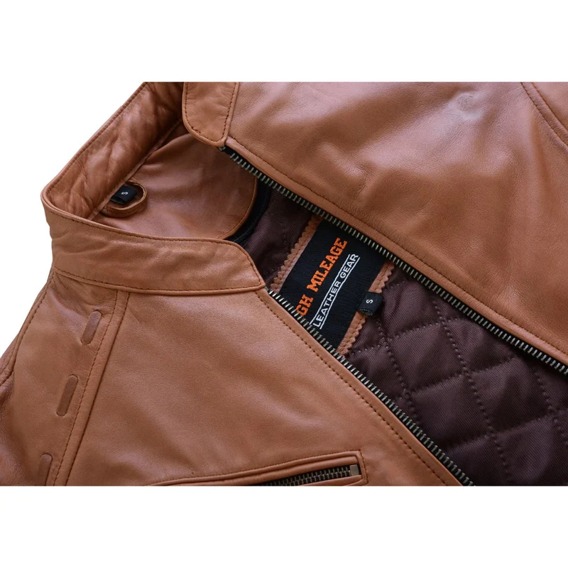 High Mileage "Roxy" Women's Fringe and Rivet Detail Premium Lightweight Brown Leather Lady Biker Motorcycle Fashion Jacket