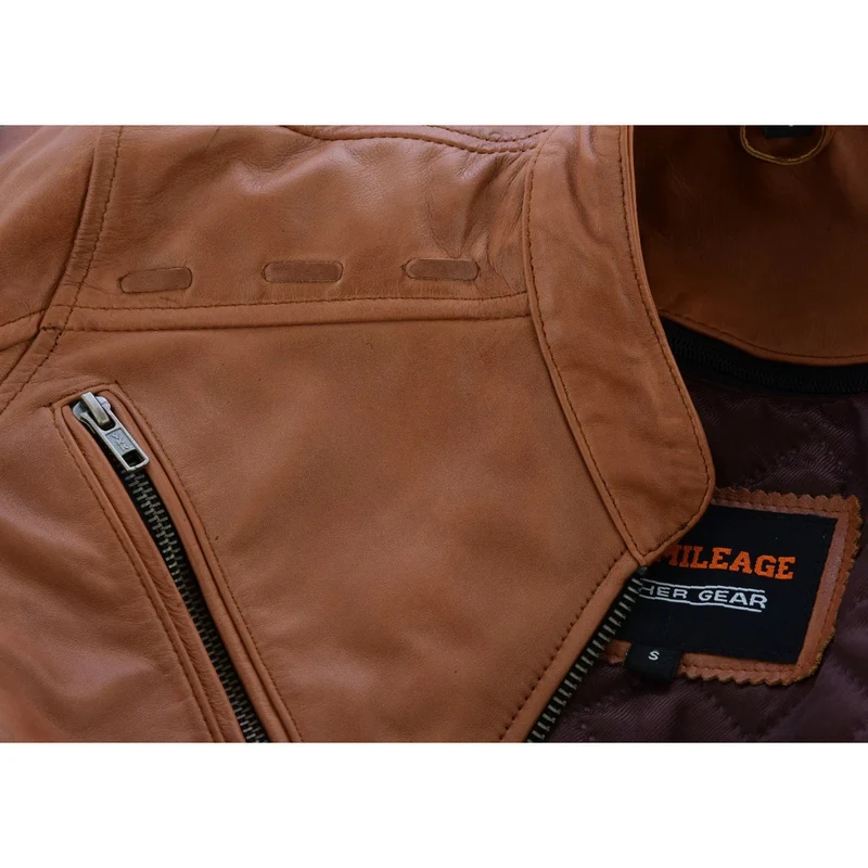 High Mileage "Roxy" Women's Fringe and Rivet Detail Premium Lightweight Brown Leather Lady Biker Motorcycle Fashion Jacket