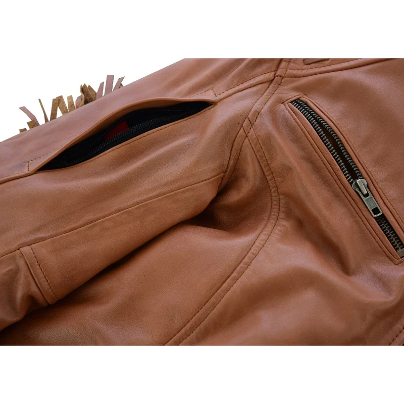 High Mileage "Roxy" Women's Fringe and Rivet Detail Premium Lightweight Brown Leather Lady Biker Motorcycle Fashion Jacket