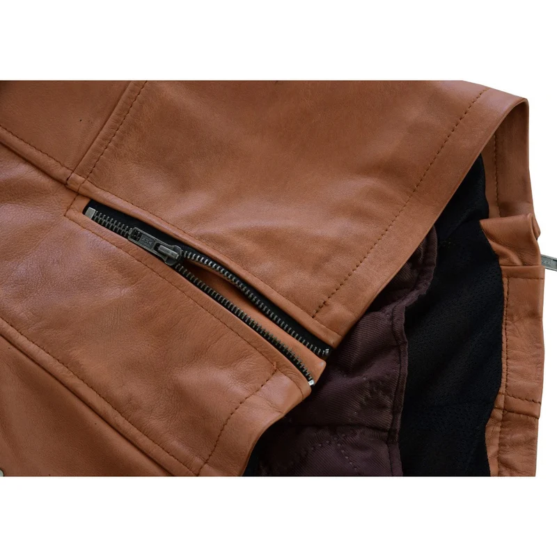 High Mileage "Roxy" Women's Fringe and Rivet Detail Premium Lightweight Brown Leather Lady Biker Motorcycle Fashion Jacket