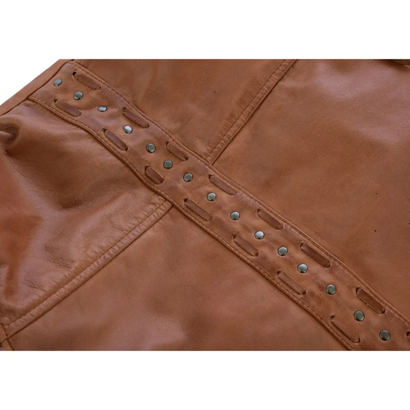 High Mileage "Roxy" Women's Fringe and Rivet Detail Premium Lightweight Brown Leather Lady Biker Motorcycle Fashion Jacket