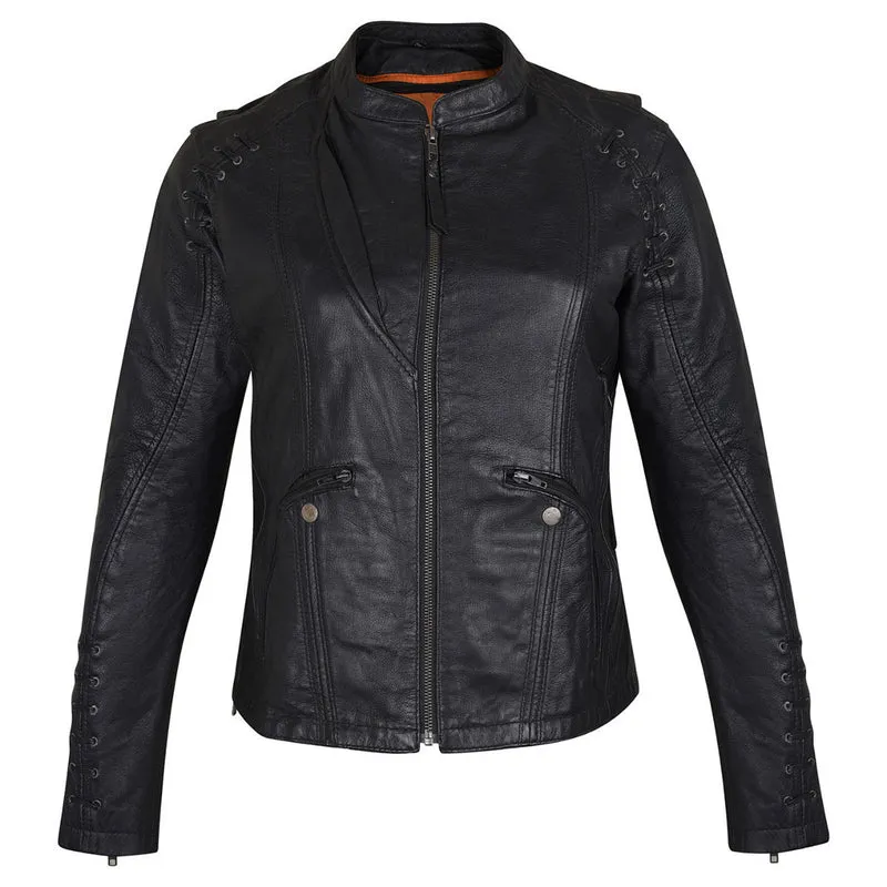 High Mileage Womens Lace and Grommet Detail Black Goatskin Leather Lady Biker Motorcycle Fashion Jacket