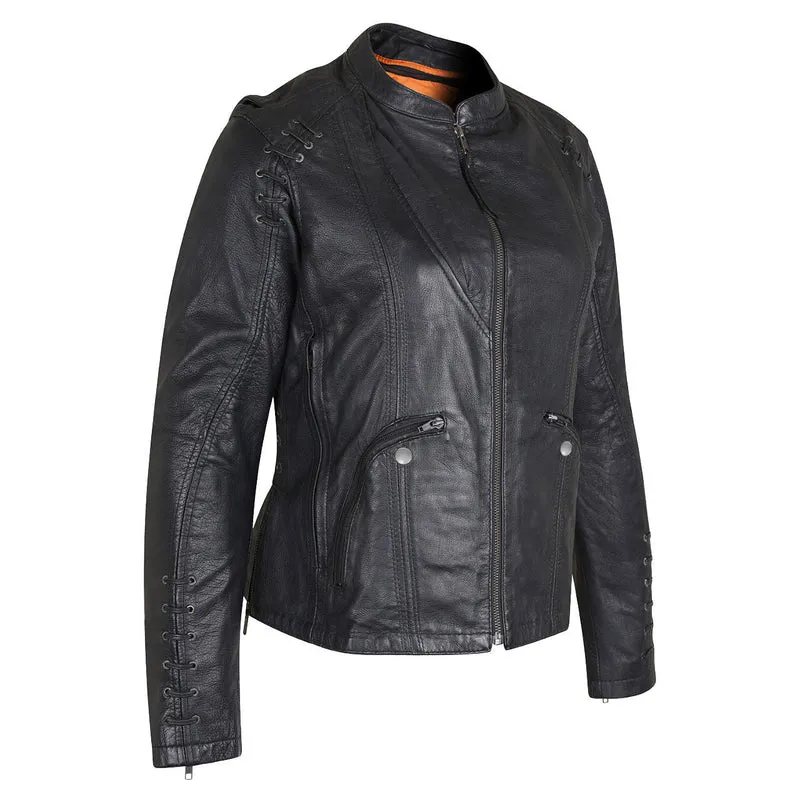 High Mileage Womens Lace and Grommet Detail Black Goatskin Leather Lady Biker Motorcycle Fashion Jacket