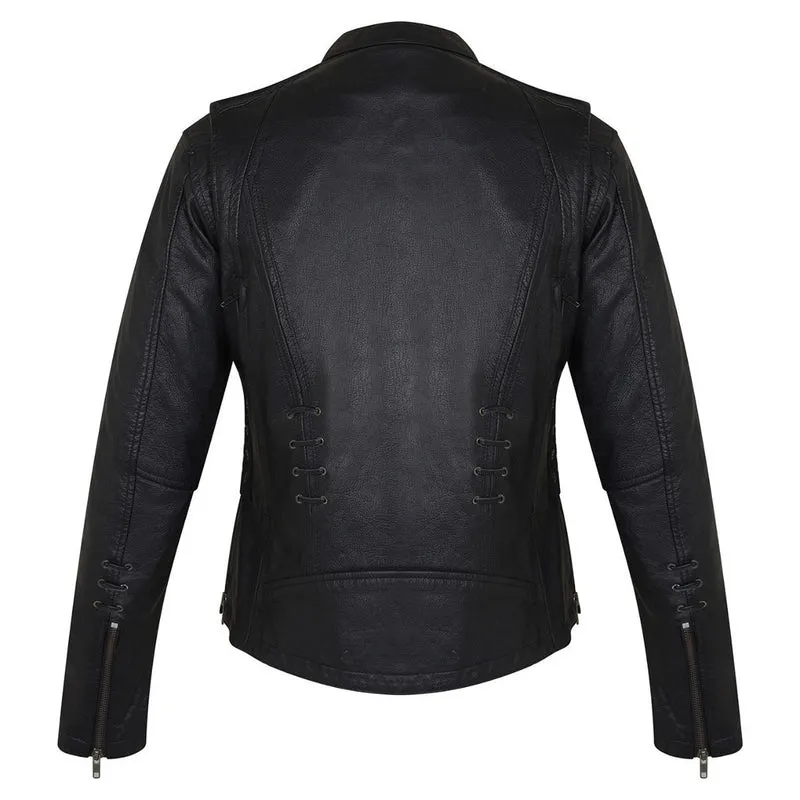 High Mileage Womens Lace and Grommet Detail Black Goatskin Leather Lady Biker Motorcycle Fashion Jacket