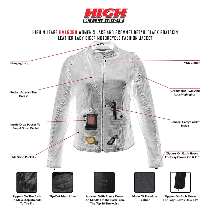 High Mileage Womens Lace and Grommet Detail Black Goatskin Leather Lady Biker Motorcycle Fashion Jacket
