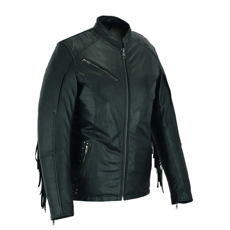 High Mileage "Roxy" Women's Fringe and Rivet Detail Premium Lightweight Black Leather Lady Biker Motorcycle Fashion Jacket