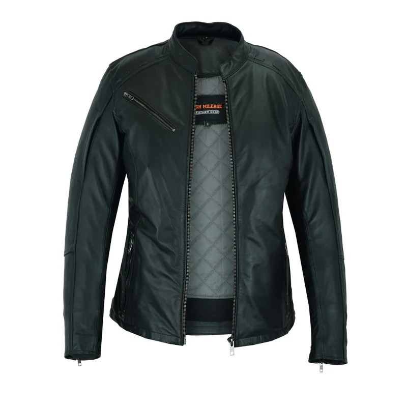High Mileage "Roxy" Women's Fringe and Rivet Detail Premium Lightweight Black Leather Lady Biker Motorcycle Fashion Jacket