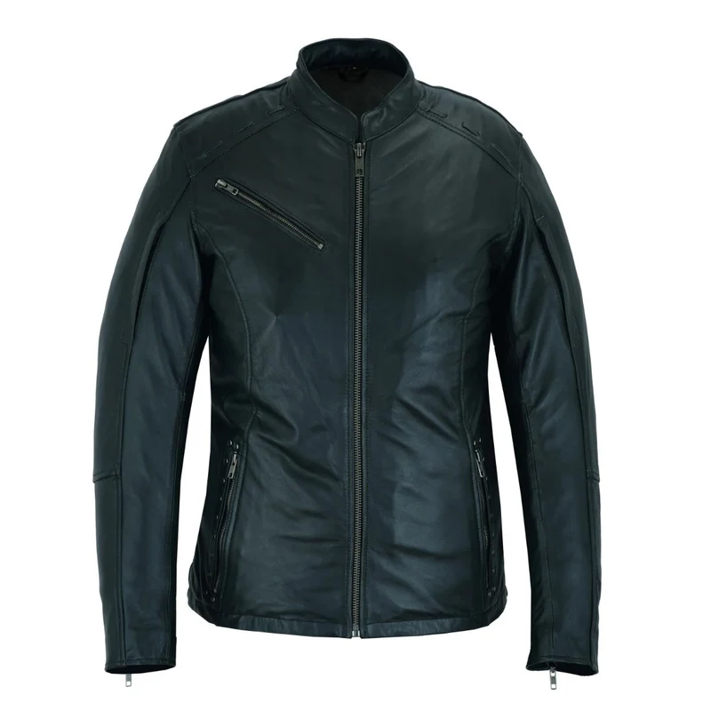 High Mileage "Roxy" Women's Fringe and Rivet Detail Premium Lightweight Black Leather Lady Biker Motorcycle Fashion Jacket