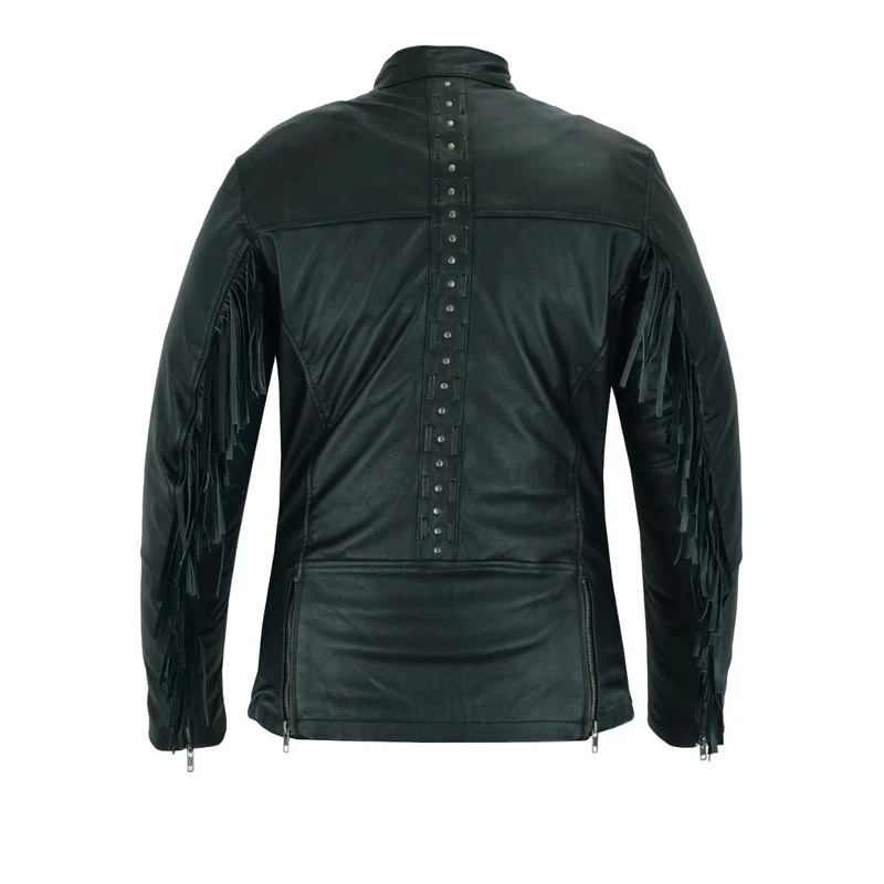 High Mileage "Roxy" Women's Fringe and Rivet Detail Premium Lightweight Black Leather Lady Biker Motorcycle Fashion Jacket