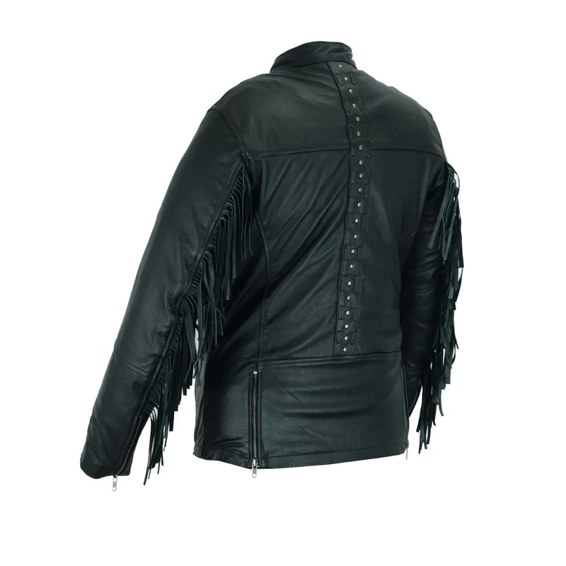 High Mileage "Roxy" Women's Fringe and Rivet Detail Premium Lightweight Black Leather Lady Biker Motorcycle Fashion Jacket
