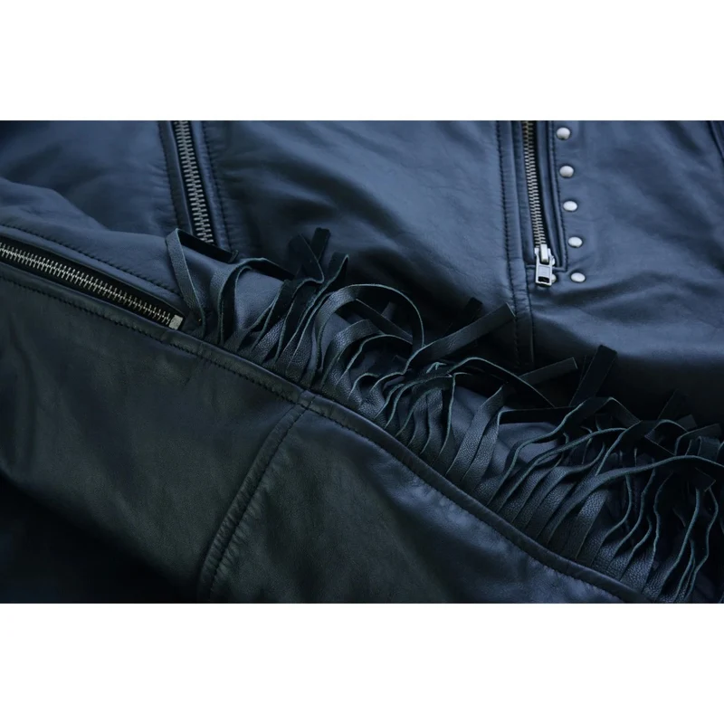 High Mileage "Roxy" Women's Fringe and Rivet Detail Premium Lightweight Black Leather Lady Biker Motorcycle Fashion Jacket