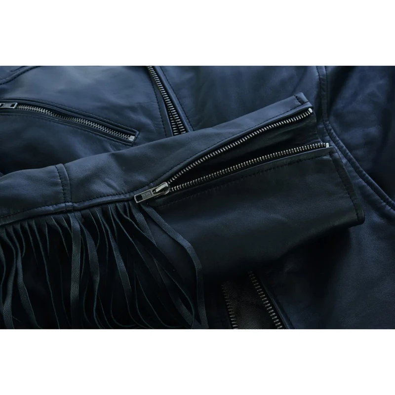 High Mileage "Roxy" Women's Fringe and Rivet Detail Premium Lightweight Black Leather Lady Biker Motorcycle Fashion Jacket